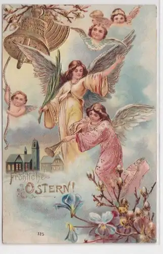 98013 Fröhliche Ostern Präge Ak Engel mit Glocke und Posaune 1900