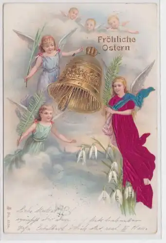 98389 Joyeux Pâques avec tissu Ak Ange et cloche 1900