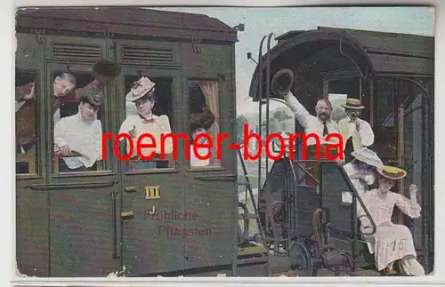 82470 Fröhliche Pfingsten Ak Passagiere im Eisenbahnwagon 1907