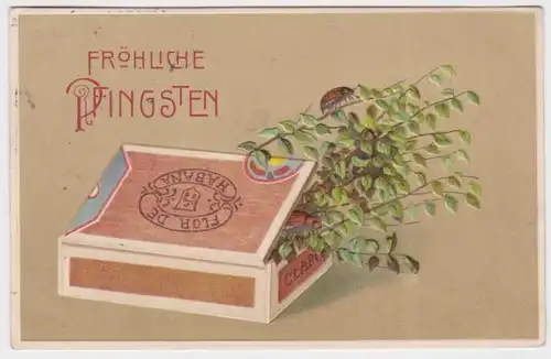89989 Fröhliche Pfingsten Präge Ak Zigarrenschachtel mit Maikäfern  1913