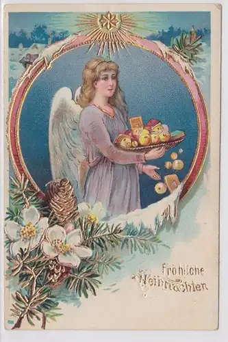 60468 Fröhliche Weihnachten Präge Ak Engel mit Gabenteller um 1900