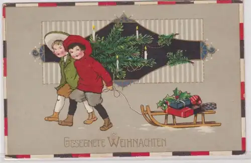 75025 Gesegnete Weihnachten Ak Kinder ziehen Schlitten 1950