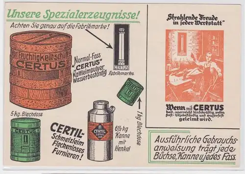 67280 Reklame AK Certus Fabrikmarke, Certil Schmelzleim, Spezialerzeugnis 1927
