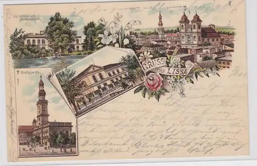 91882 Ak Lithographie Salutation de Lissa Leszno Gymnasium, Hôtel de ville, etc. 1900