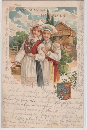 90916 Armoiries Ak Suède et Norvège Femmes en costumes 1900