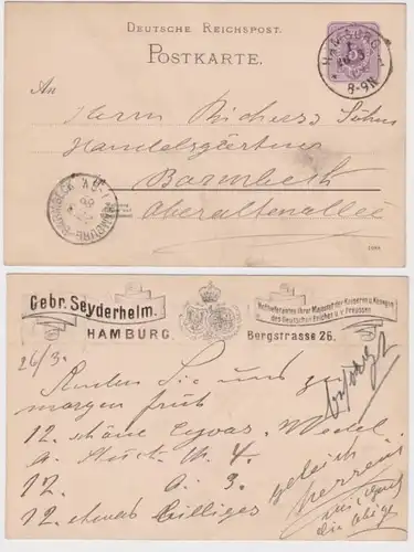 05291 Ganzsachen Postkarte P18 Zudruck Gebr. Seyderhelm Lieferant Hamburg 1889