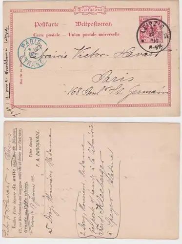12547 DR Ganzsachen Postkarte P21 Zudruck F.A. Brockhaus Leipzig nach Paris 1891