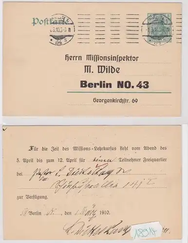 18914 DR entier Carte postale P78 Imprimer Inspecteur missionnaire M. Wilde Berlin 1910