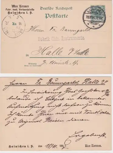 19576 Ganzsachen Postkarte P36 Zudruck Max Kermes Verbandstoffe Hainichen 1897