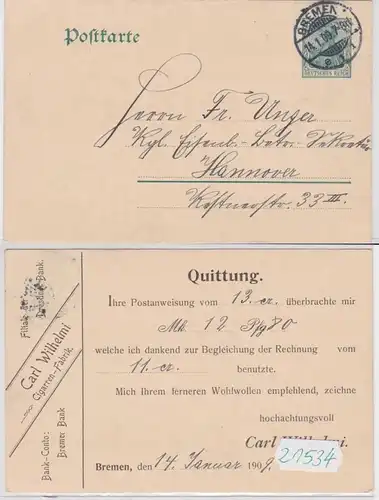 21534 Cas entier Carte postale P78 Câble Carl Wilhelmi Cigarren-Fabrik Brême 1909