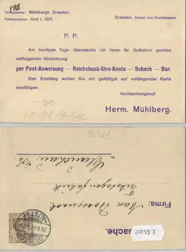 30593 DR Affaire privée entière PP26/B2/03 Herm. Mühlberg Expéditions Dresde 1907