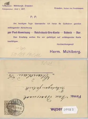 30593 DR Privat Ganzsache PP26/B2/03 Herm. Mühlberg Versandhaus Dresden 1907