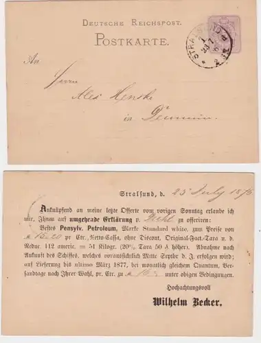 34993 DR Ganzsachen Postkarte P10 Zudruck Wilhelm Becker Stralsund 1876