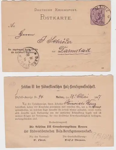 37128 Ganzsachen Postkarte P13/02 Zudruck Holz-Berufsgenossenschaft Mainz 1887