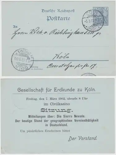 39705 DR Ganzsachen Postkarte P49 Zudruck Gesellschaft für Erdkunde Köln 1902