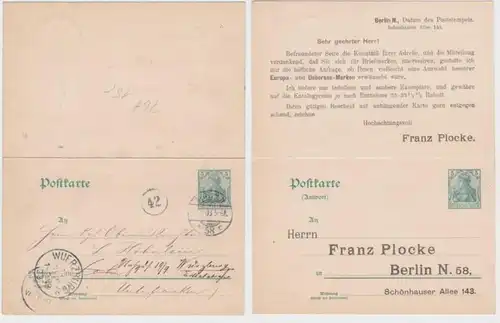 41538 Cas entier Carte postale P67 Imprime Franz Plocke Marken-Aglation Berlin 1903