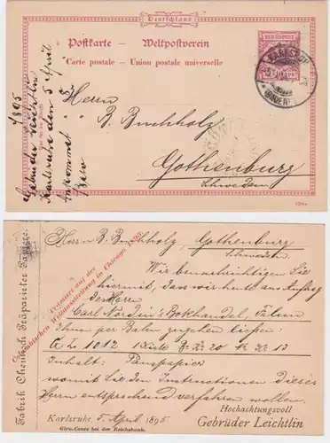 46063 Ganzsachen Postkarte P37 Zudruck Gebrüder Leichtlin Fabrik Karlsruhe 1895