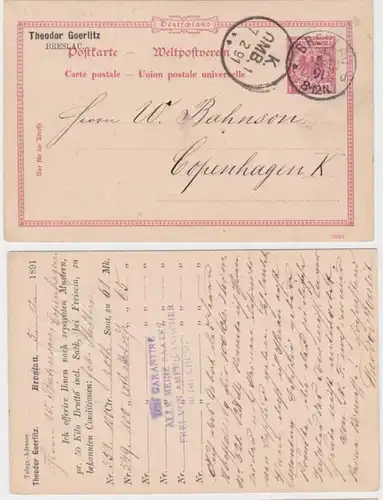 46091 DR Ganzsachen Postkarte P21 Zudruck Theodor Görlitz Breslau 1891