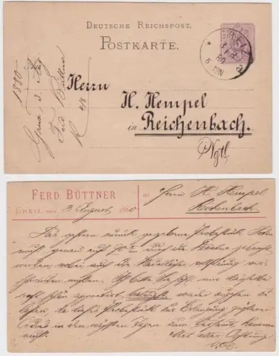 46982 DR Ganzsachen Postkarte P10 Zudruck Ferd. Büttner Greiz 1880
