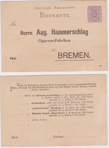 52712 Ganzsachen Postkarte P12 Zudruck Aug. Hammerschlag Cigarren-Fabrik Bremen