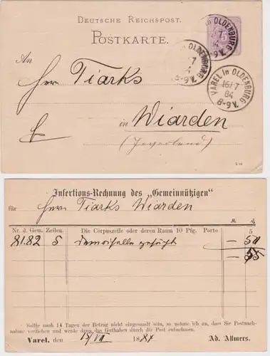 65028 Ganzsachen Postkarte P12 Zudruck Ad. Almers Varel Insertion-Rechnung 1884