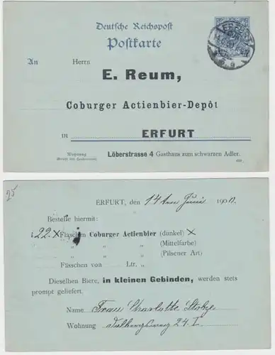 68649 DR Ganzsachen Postkarte P40 Zudruck Coburger Actienbier-Depot Erfurt 1900