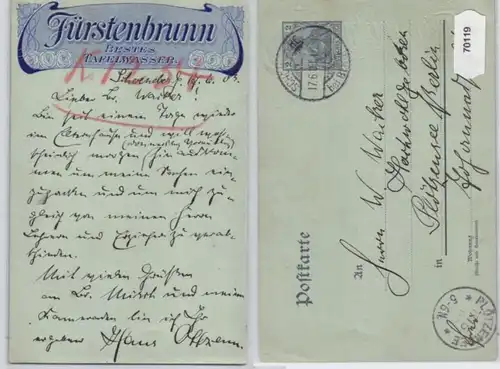 70119 Ganzsachen Postkarte P63 Zudruck Fürstenbrunn Bestes Tafelwasser 1903