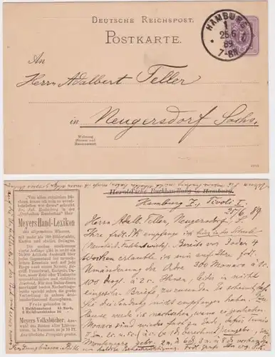 74395 DR Ganzsachen Postkarte P18 Zudruck Herold'sche Buchhandlung Hamburg 1889