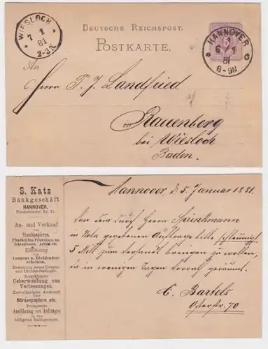 75962 DR Ganzsachen Postkarte P10 Zudruck S. Katz Bankgeschäft Hannover 1881