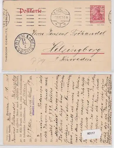 80117 DR entier Carte postale P79 tirage Theodor Goerlitz Wroclaw 1911