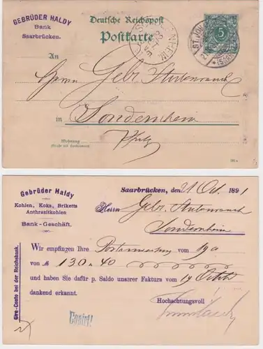 80927 DR Ganzsachen Postkarte P24 Zudruck Gebrüder Haldy Bank Saarbrücken 1891