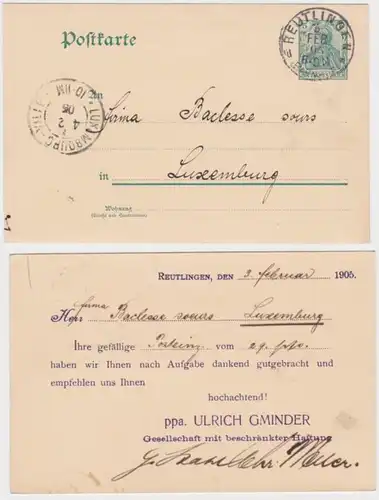 85282 DR Ganzsachen Postkarte P50 Zudruck Ulrich Gminder GmbH Reutlingen 1905
