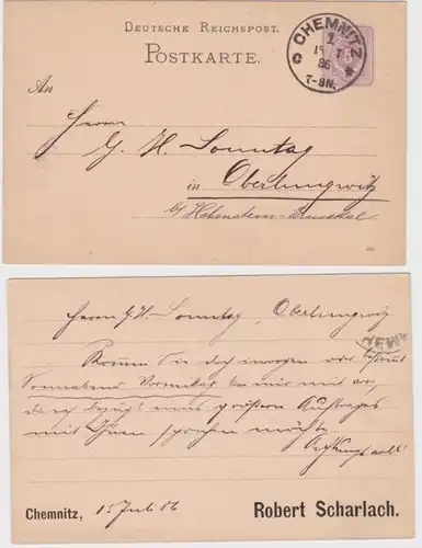 85700 DR Ganzsachen Postkarte P12 Zudruck Robert Scharlach Chemnitz 1886