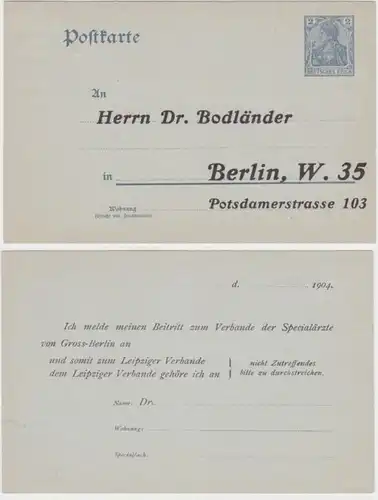 86948 DR Ganzsachen Postkarte P63 Zudruck Dr. Bodländer Berlin 1904