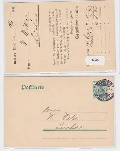 87000 DR Ganzsache Postkarte P78 Zudruck Gebrüder Uhde Harburg (Elbe) 1909