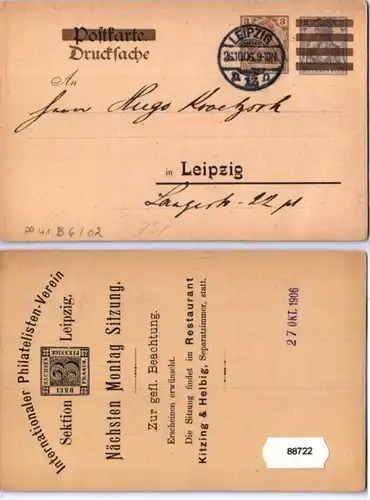 88722 Privat Ganzsache AK PP41/B6 Int. Philatelisten-Verein Sektion Leipzig 1906