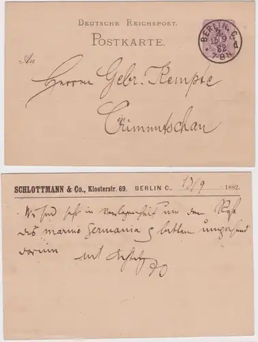 90560 DR Ganzsachen Postkarte P10 Zudruck Schlottmann & Co. Berlin 1882