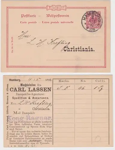 91296 DR Ganzsachen Postkarte P23 Zudruck Carl Lassen Spedition Hamburg 1892