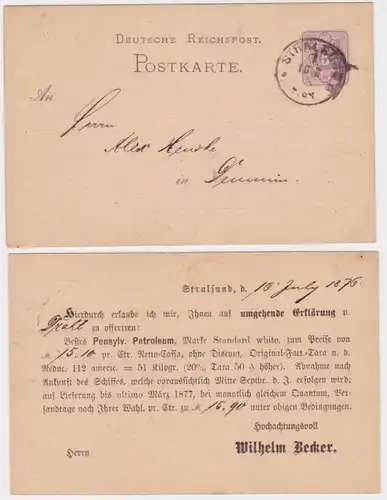 92962 DR Ganzsachen Postkarte P10 Zudruck Wilhelm Becker Stralsund 1876