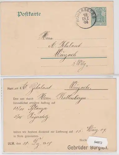 94872 DR Ganzsache Postkarte P78 Zudruck Gebrüder Bürglen Ulm 1908