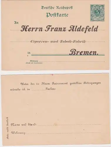 96004 DR Ganzsachen Postkarte P20 Zudruck Franz Aldefeld Tabak-Fabrik Bremen