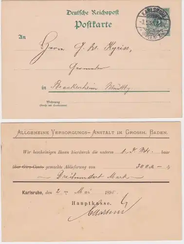 96589 Ganzsachen Postkarte P36 Zudruck Allg. Versorgungs-Anstalt Karlsruhe 1895