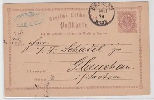 96959 DR Ganzsachen Postkarte P1 J. Glücksmann & Co. Breslau nach Glauchau 1874