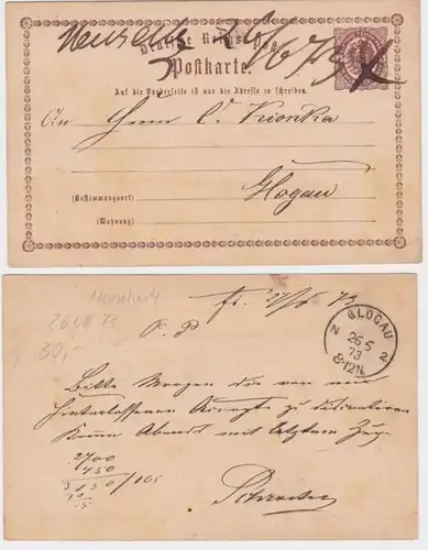 96965 DR Ganzsachen Postkarte P1 Meuselwitz 26.06.1873 nach Glogau
