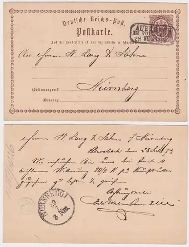 97082 DR Ganzsachen Postkarte P1 Auerbach an H. Lang & Söhne Nürnberg 1873