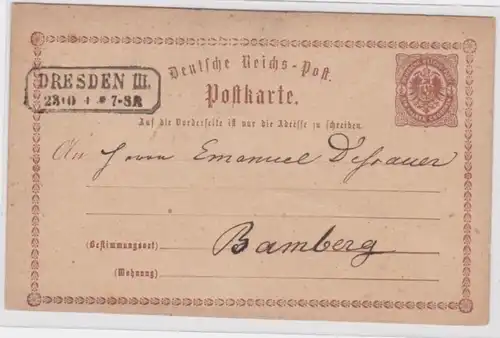 97105 DR Ganzsachen Postkarte P1 Dresden nach Bamberg um 1875