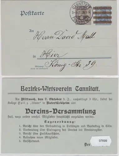 97699 DR Ganzsache Postkarte P84 Zudruck Bezirks-Wirtsverein Cannstatt 1908