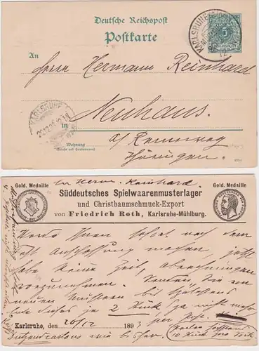 97824 DR Ganzsache Postkarte P30 Zudruck Spielwaarenmusterlager Karlsruhe 1893