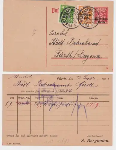 97852 DR Ganzsache Postkarte P125 Zudruck Bestellung S. Bergmann Fürth 1920