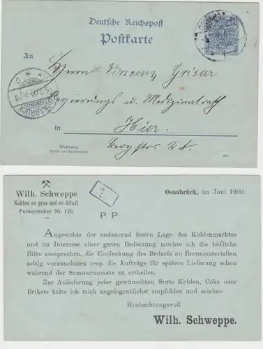 97856 DR Ganzsachen Postkarte P40 Zudruck Wilh. Schweppe Kohle Osnabrück 1900